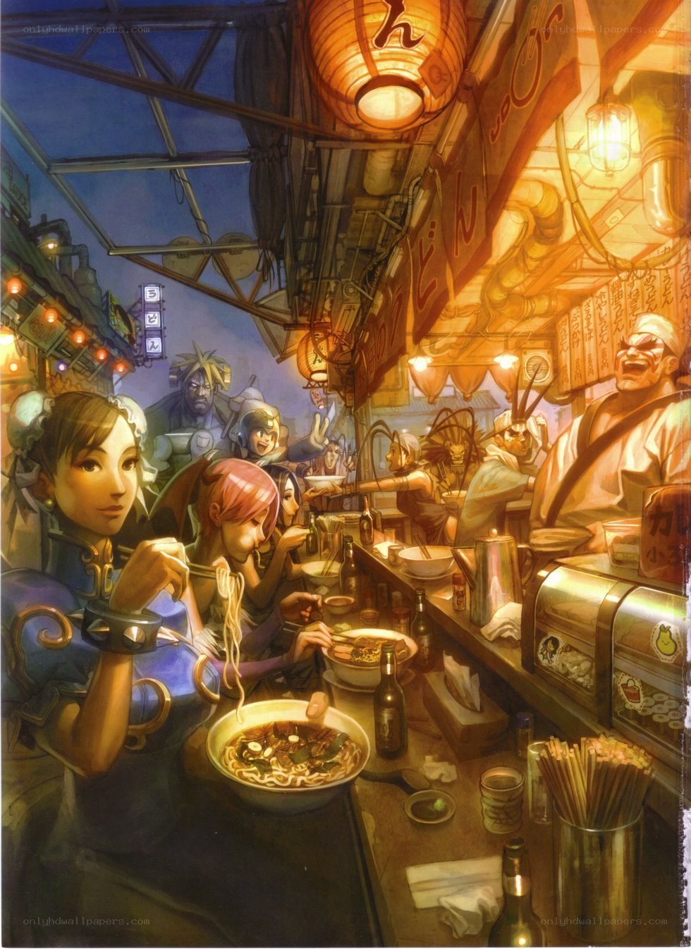 Noodle shop scene with characters