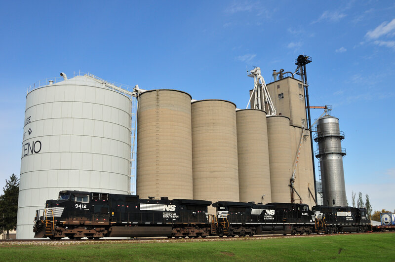 Norfolk Southern train at grain elevator