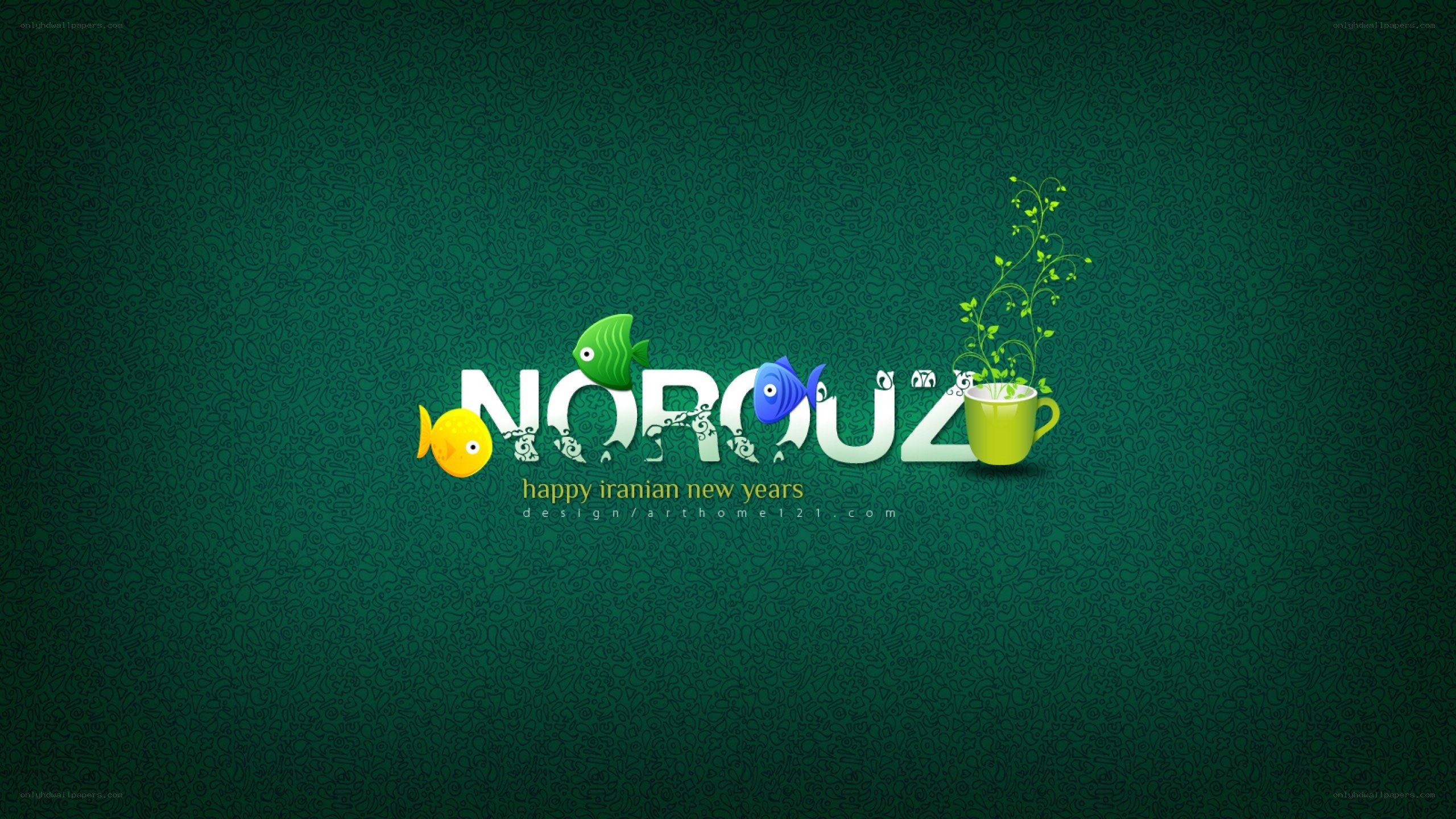 Norouz greeting with fish and cup
