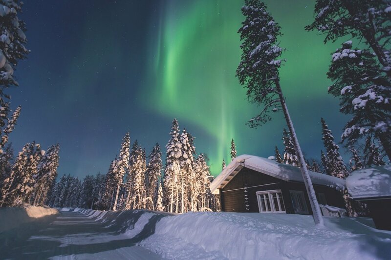 Northern Lights over Cabin — Green, Serene, Night