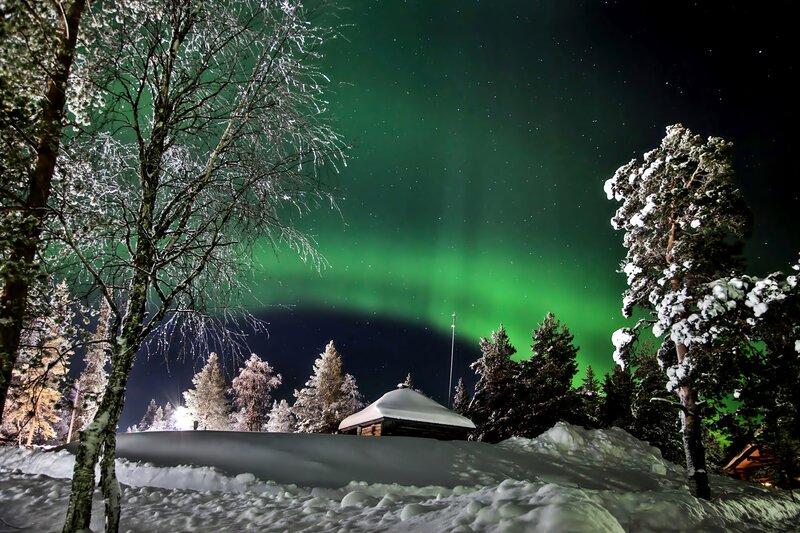Northern Lights over Cabin — Green, Serene