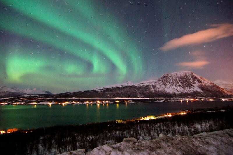 Northern Lights over Fjord — Green, Dramatic, Night