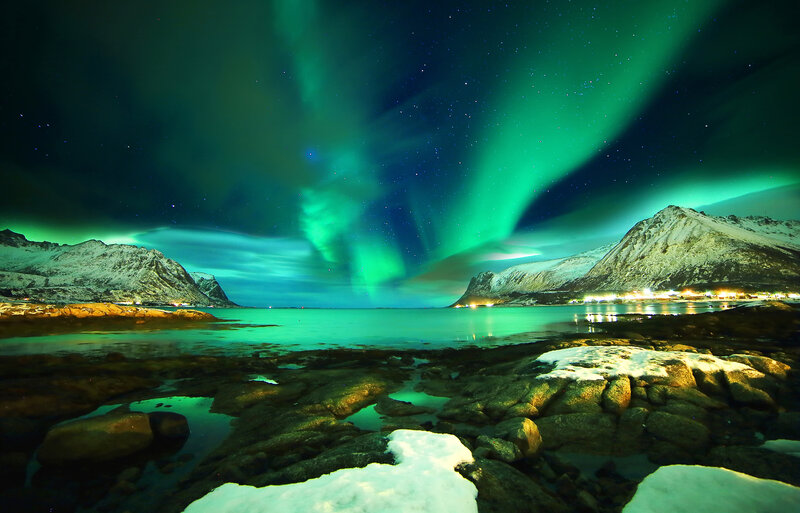 Northern Lights over Fjord — Green, Dramatic