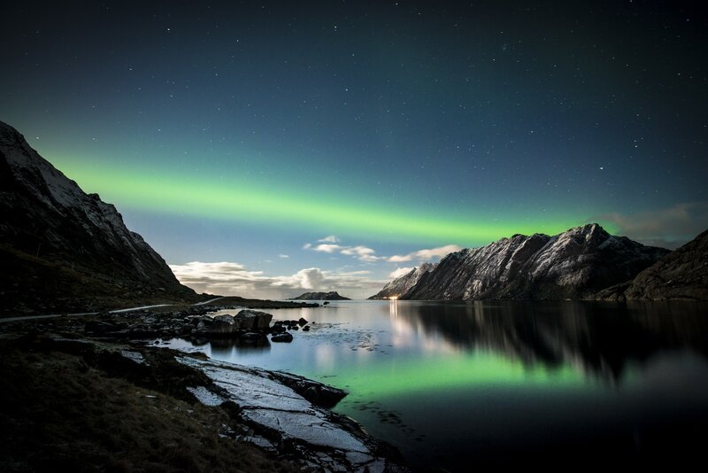 Northern Lights over Fjord — Green, Serene, Night, Photograph