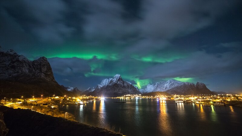 Northern Lights over Fjord — Green