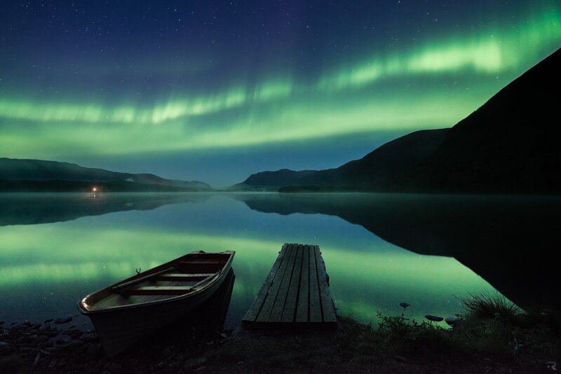 Northern Lights over Lake — Green, Serene