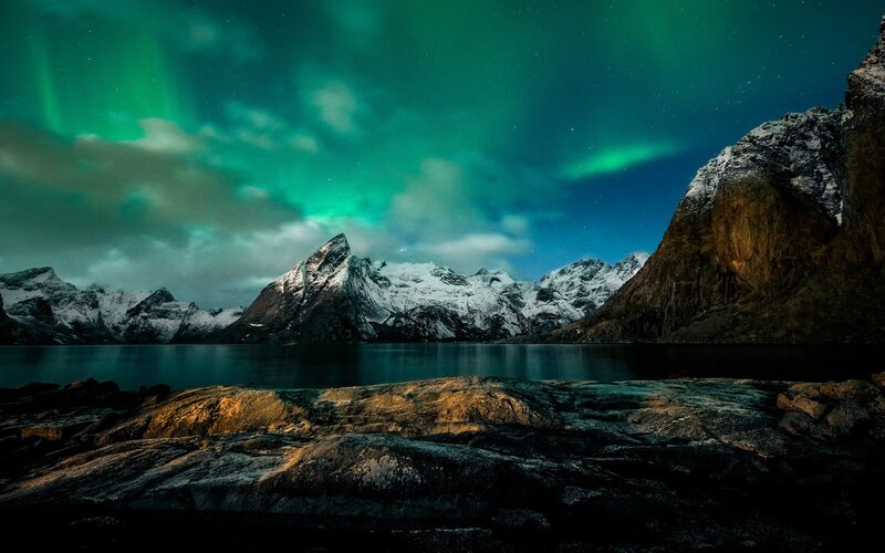 Northern Lights over Mountains — Green, Dramatic, Night, Photograph, Lake, Sky