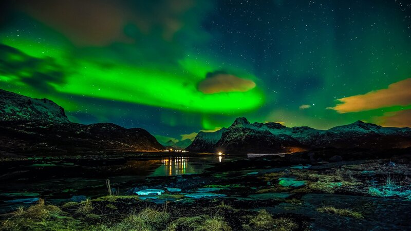 Northern Lights over Mountains — Green, Dramatic, Night, Photograph, Lake