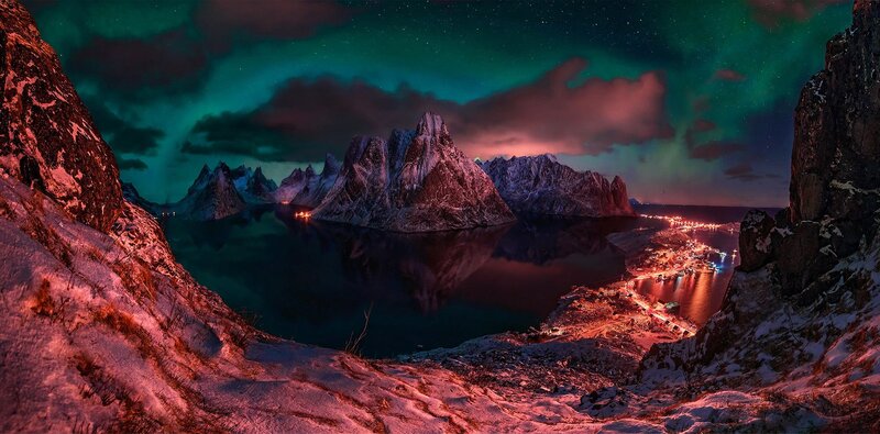 Northern Lights over Mountains — Green, Dramatic, Night, Photograph