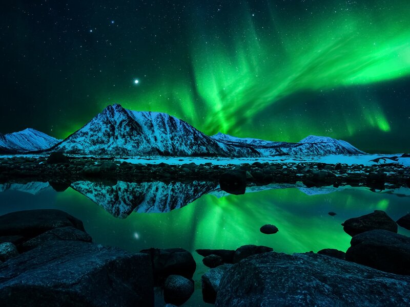 Northern Lights over Mountains — Green, Dramatic, Night