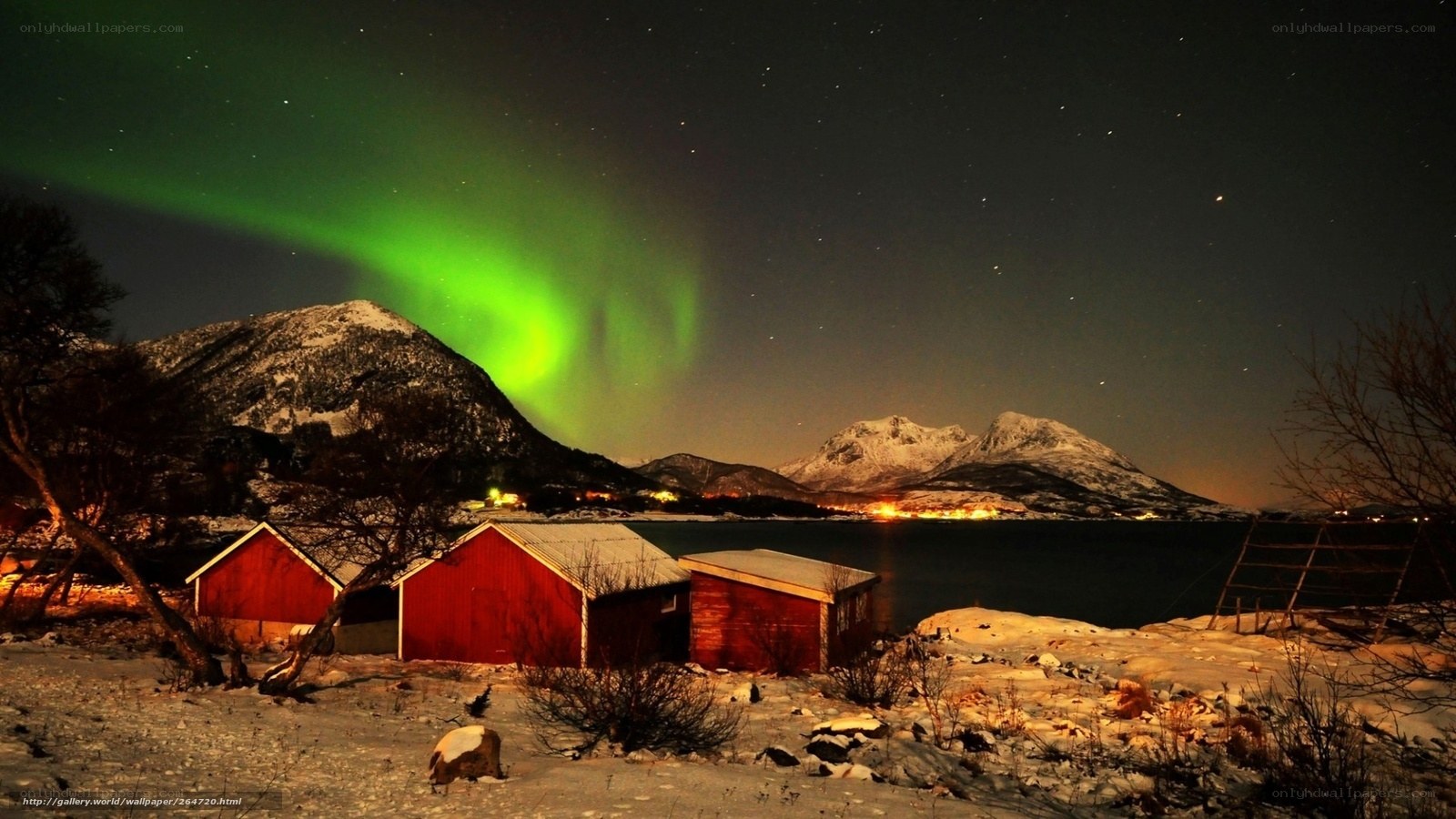 Northern Lights over snowy cabins
