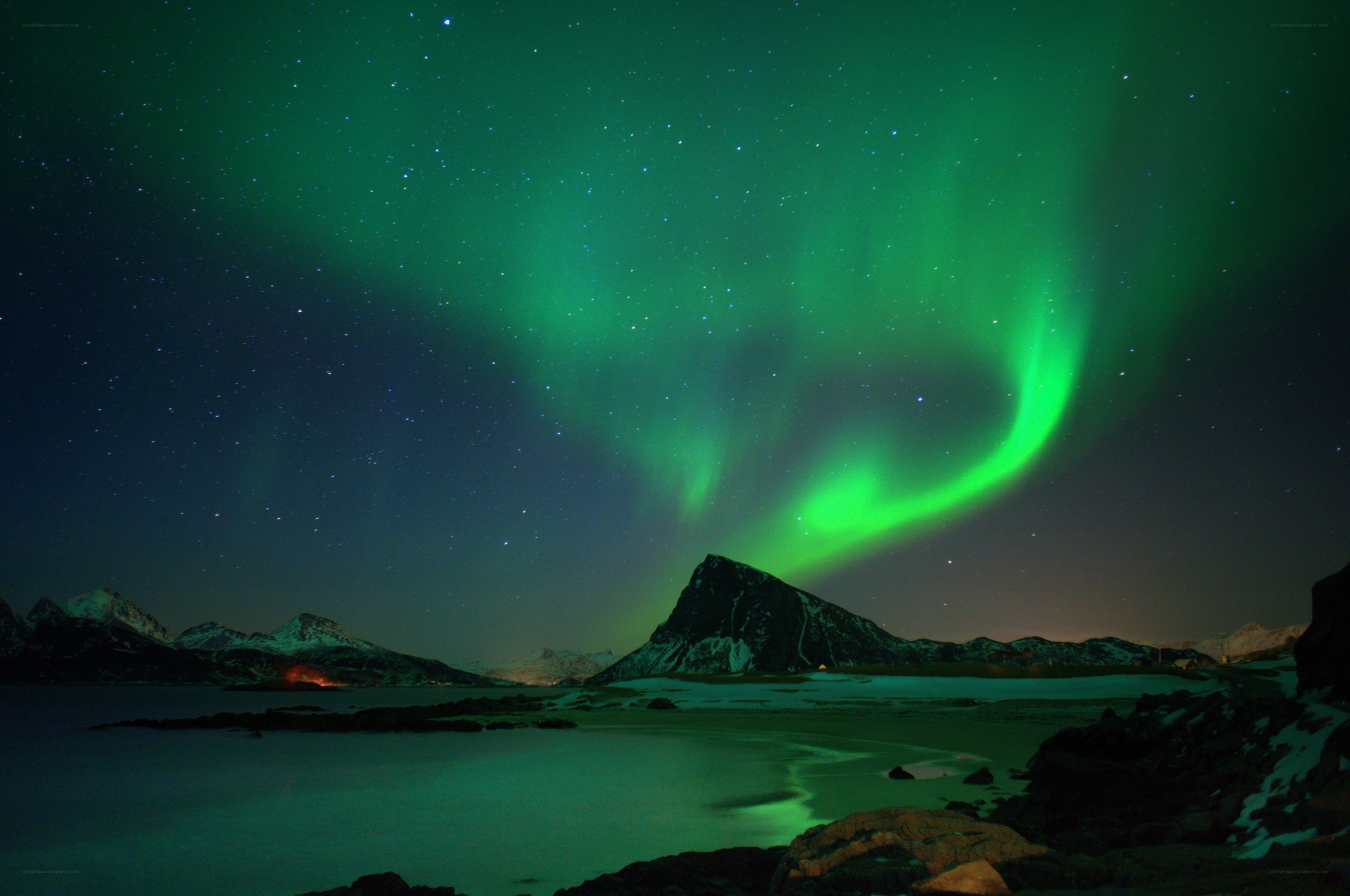 Northern Lights over snowy mountains