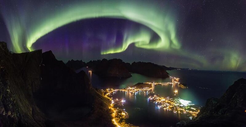 Northern Lights over Village — Green, Dramatic, Night, Photograph, Mountains