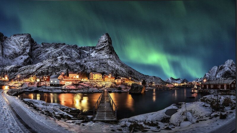 Northern Lights over Village — Green, Dramatic, Night, Photograph