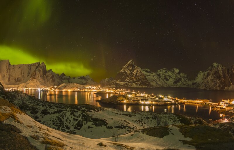 Northern Lights over Village — Green, Dramatic, Night