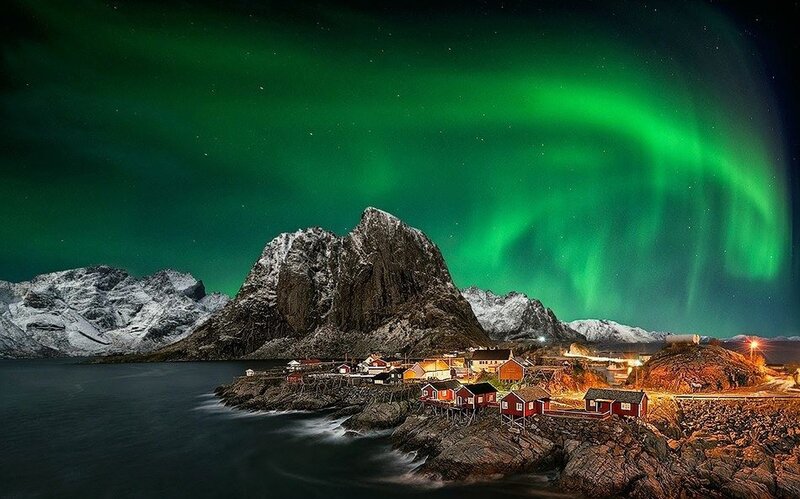 Northern Lights over Village — Green, Dramatic