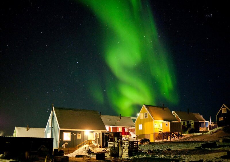 Northern Lights over Village — Green