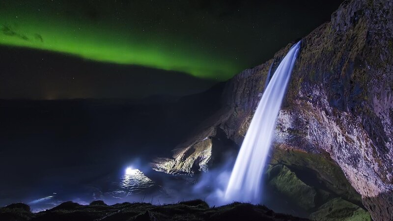 Northern Lights over Waterfall — Green, Dramatic, Night