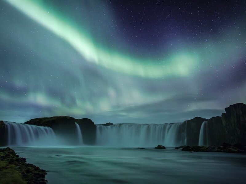 Northern Lights over Waterfall — Green