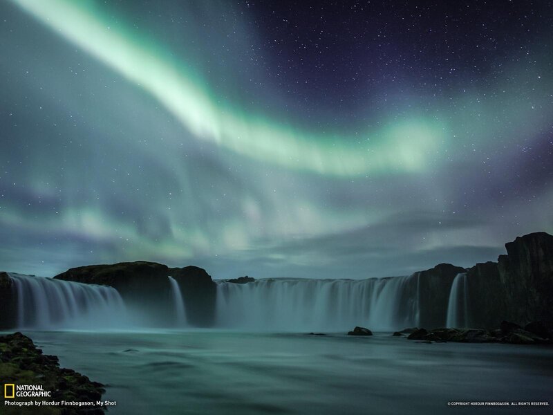 Northern Lights over Waterfall