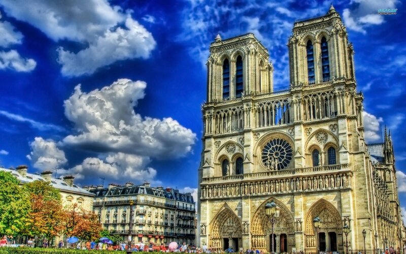 Notre-Dame Cathedral — Blue, Dramatic, Afternoon, Photograph, Clouds, Buildings, Trees, White, Beige