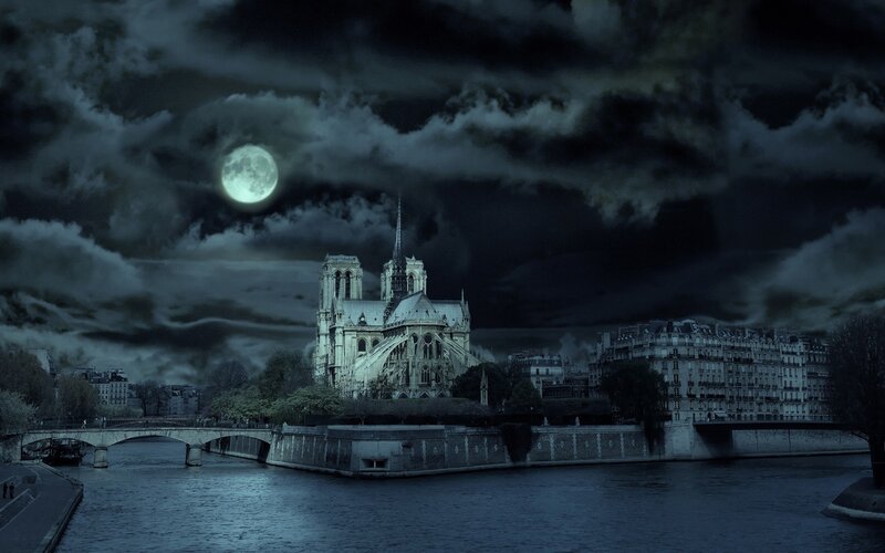 Notre-Dame Cathedral — Blue, Dramatic, Night, Photograph, Moon, River