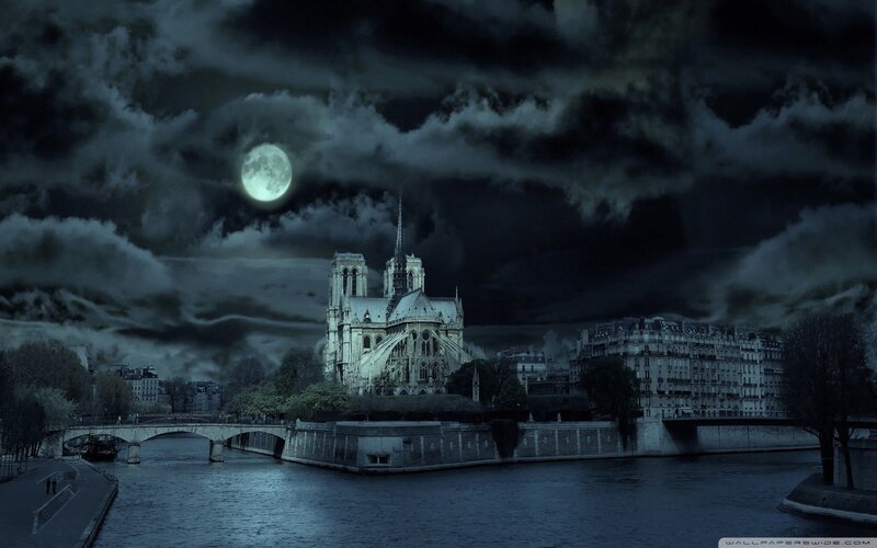 Notre-Dame Cathedral — Blue, Dramatic, Night, Photograph, River, Moon, Clouds