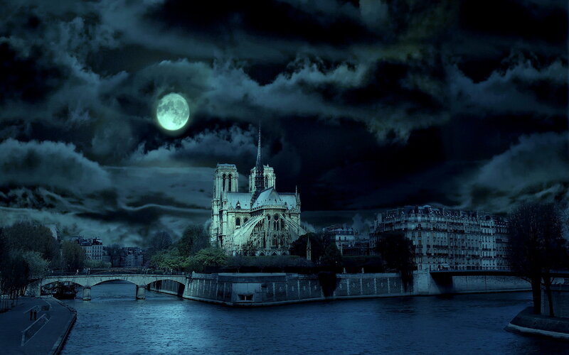 Notre-Dame Cathedral — Blue, Dramatic, Night, Photograph, River, Moon