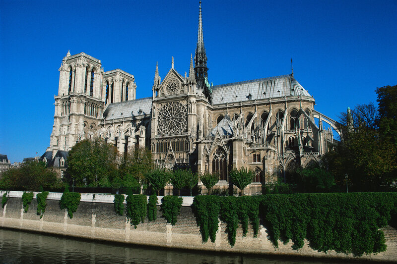 Notre-Dame Cathedral — Blue, Serene, Afternoon, Photograph, River, Trees, Spire