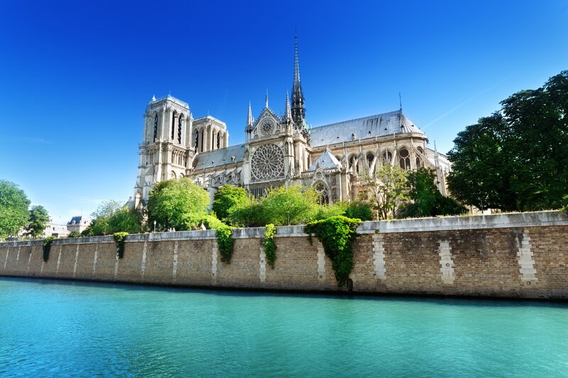 Notre-Dame Cathedral — Blue, Serene, Afternoon, Photograph, River, Trees, Wall, Green