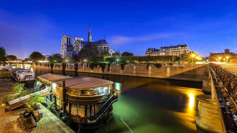 Notre-Dame Cathedral — Blue, Serene, Night, Photograph, River, Boat, Bridge