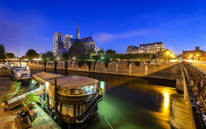 Notre-Dame Cathedral — Blue, Serene, Night, Photograph, River, Boat