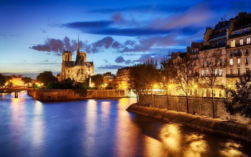 Notre-Dame Cathedral — Blue, Serene, Night, Photograph, River, Buildings