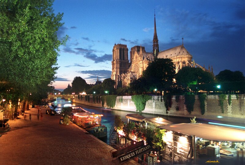 Notre-Dame Cathedral — Blue, Serene, Night, Photograph, River, Trees, Boats