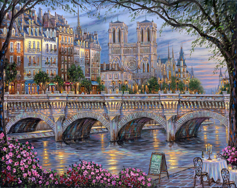 Notre-Dame Cathedral — Blue, Serene, Sunset, Painting