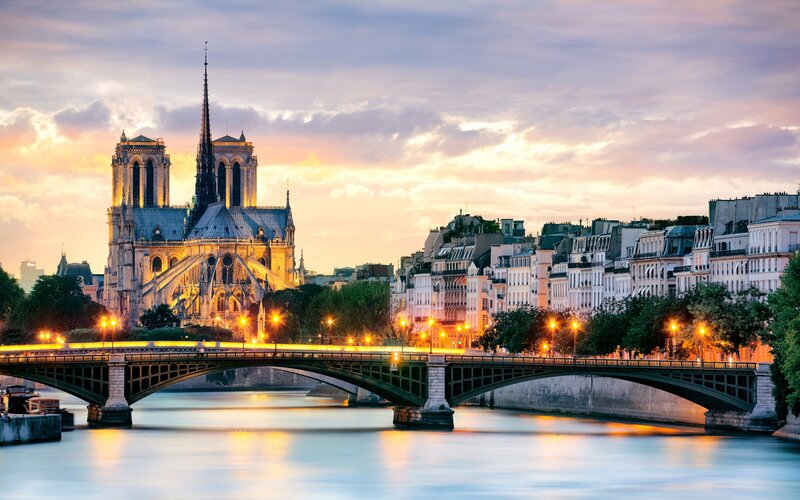 Notre-Dame Cathedral — Blue, Serene, Sunset, Photograph, Bridge