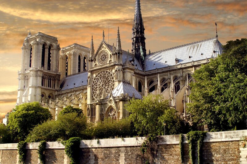 Notre-Dame Cathedral — Orange, Dramatic, Sunset, Photograph, Trees