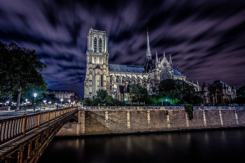 Notre-Dame Cathedral — Purple, Dramatic, Night, Photograph, Bridge