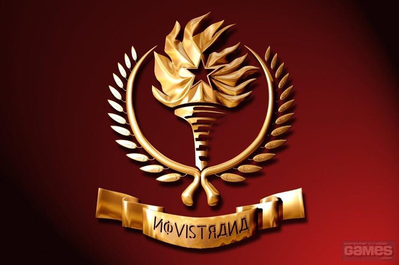 Novistria emblem on red background