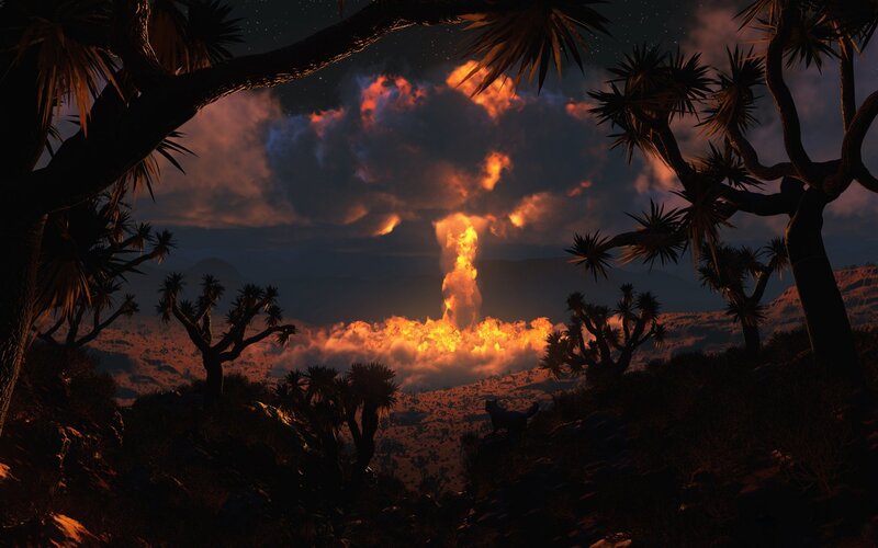 Nuclear Explosion in Desert — Orange, Dramatic, Night, Digital Art, Joshua Trees