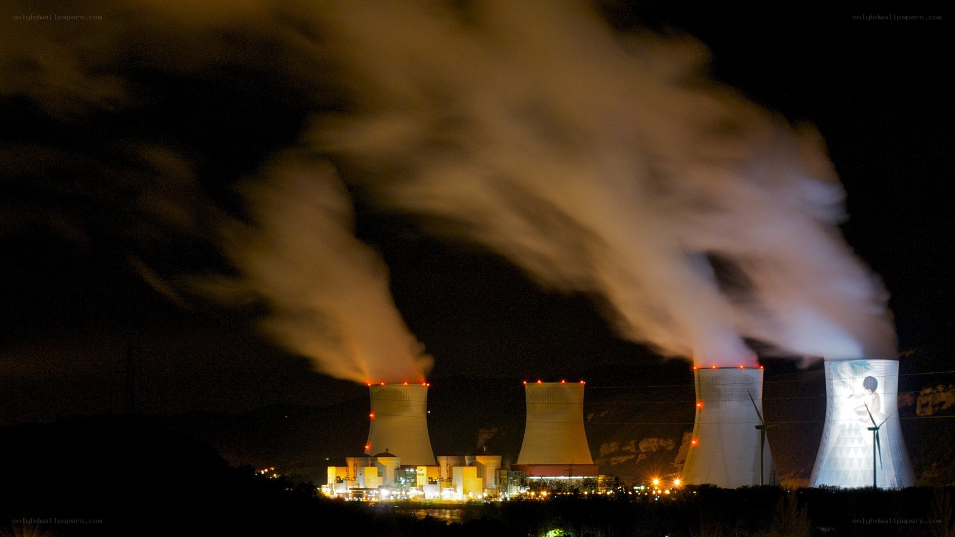 Nuclear power plant at night