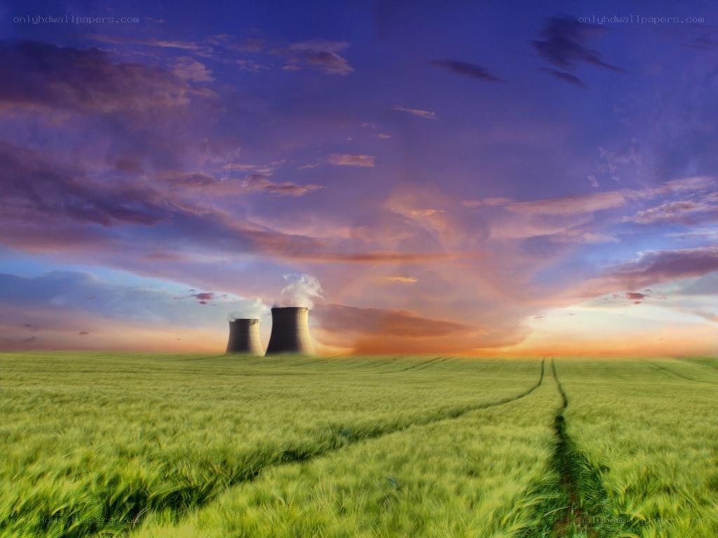 Nuclear power plant at sunset