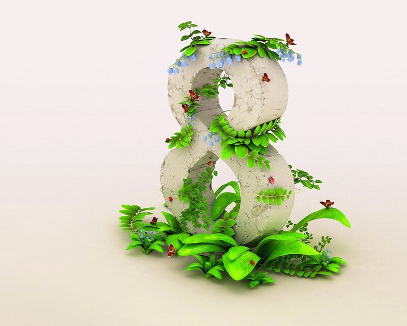 number eight with plants and butterflies