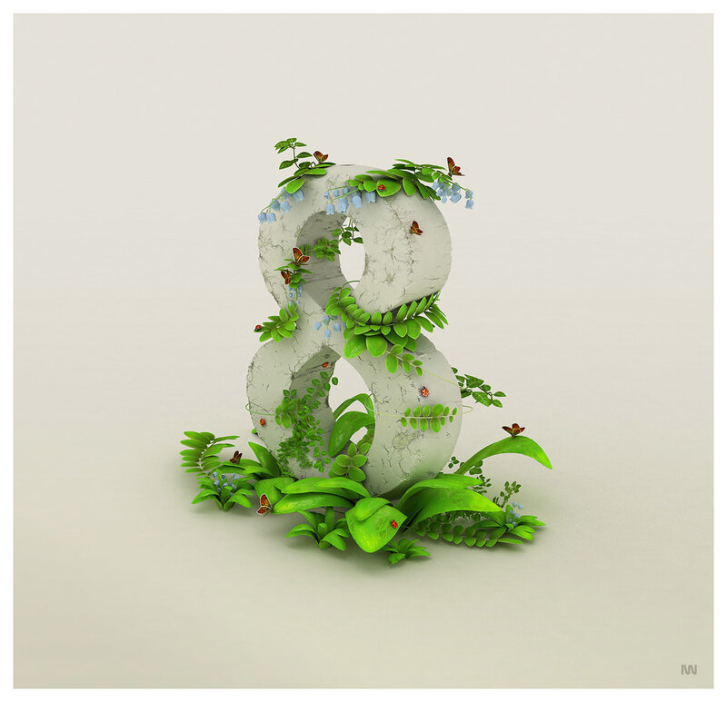 number eight with plants and insects