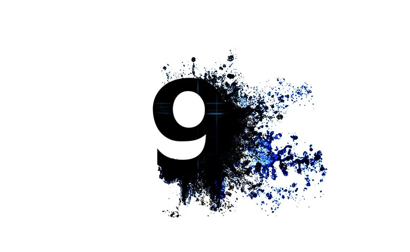 number nine with blue splatter