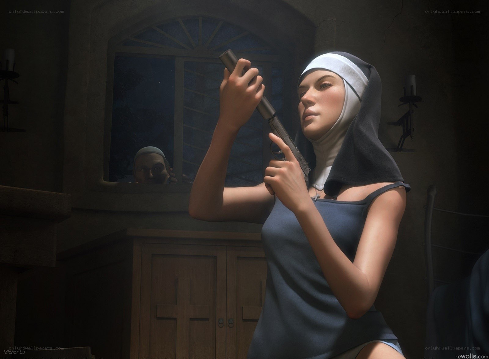 Nun holding a gun