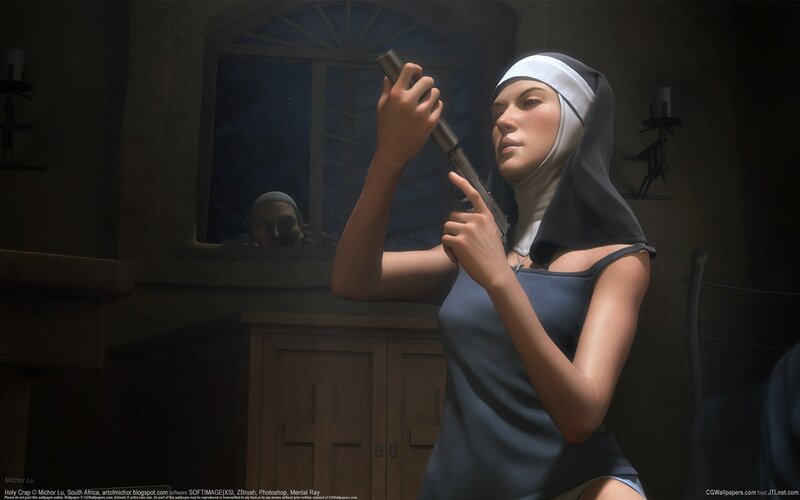 Nun Holding a Gun — Gray, Dramatic, Night