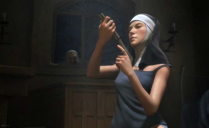 Nun Holding a Gun — Gray, Tense, Dramatic