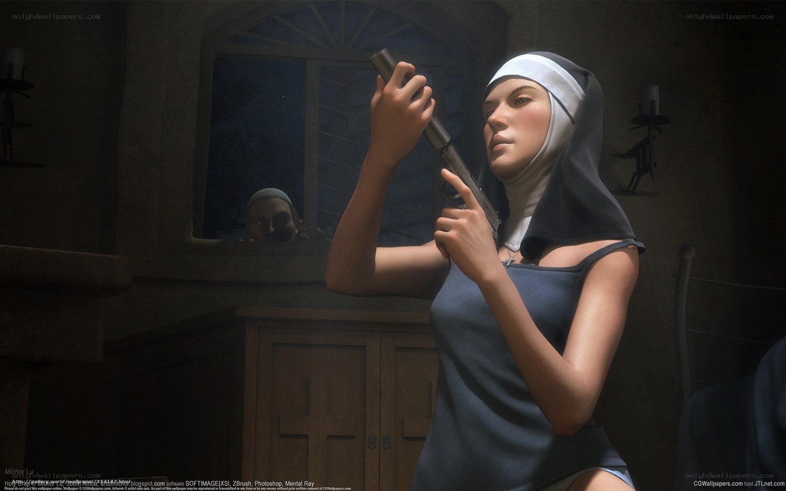 nun holding a gun
