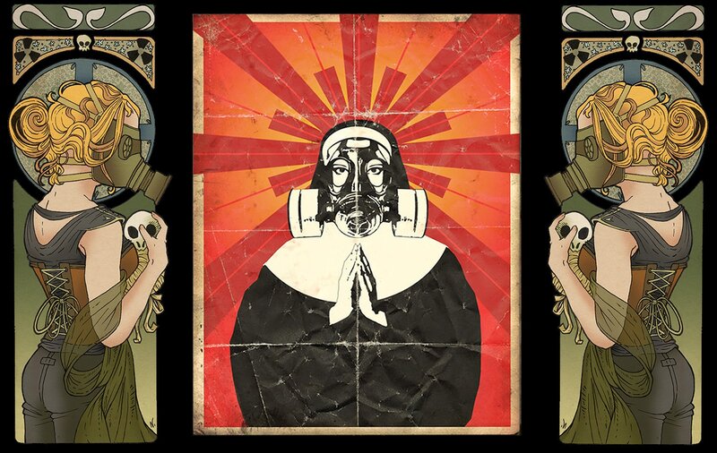 Nun in gas mask propaganda art